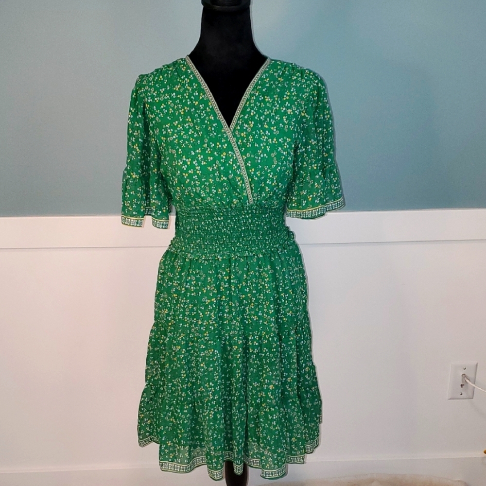 Max Studio Green Floral Midi Dress V Neck Smocked Waist XS